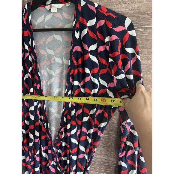 Boden wrap dress Sz 12 Geometric Midi Stretchy Comfy Tie V Neck XL - Picture 4 of 10